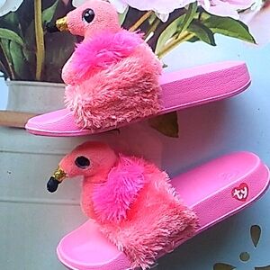 Ty Fashion Girls Faux Fur Pink FlamingoFlip Flops